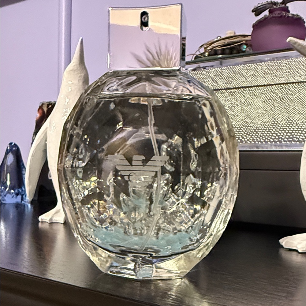 Emporio Armani clear crystal perfume bottle with light aqua accents